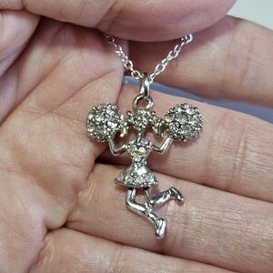 Silver Tone Cheerleader Pendant Necklace Rhinestone Pom Poms Articulated 16-18"